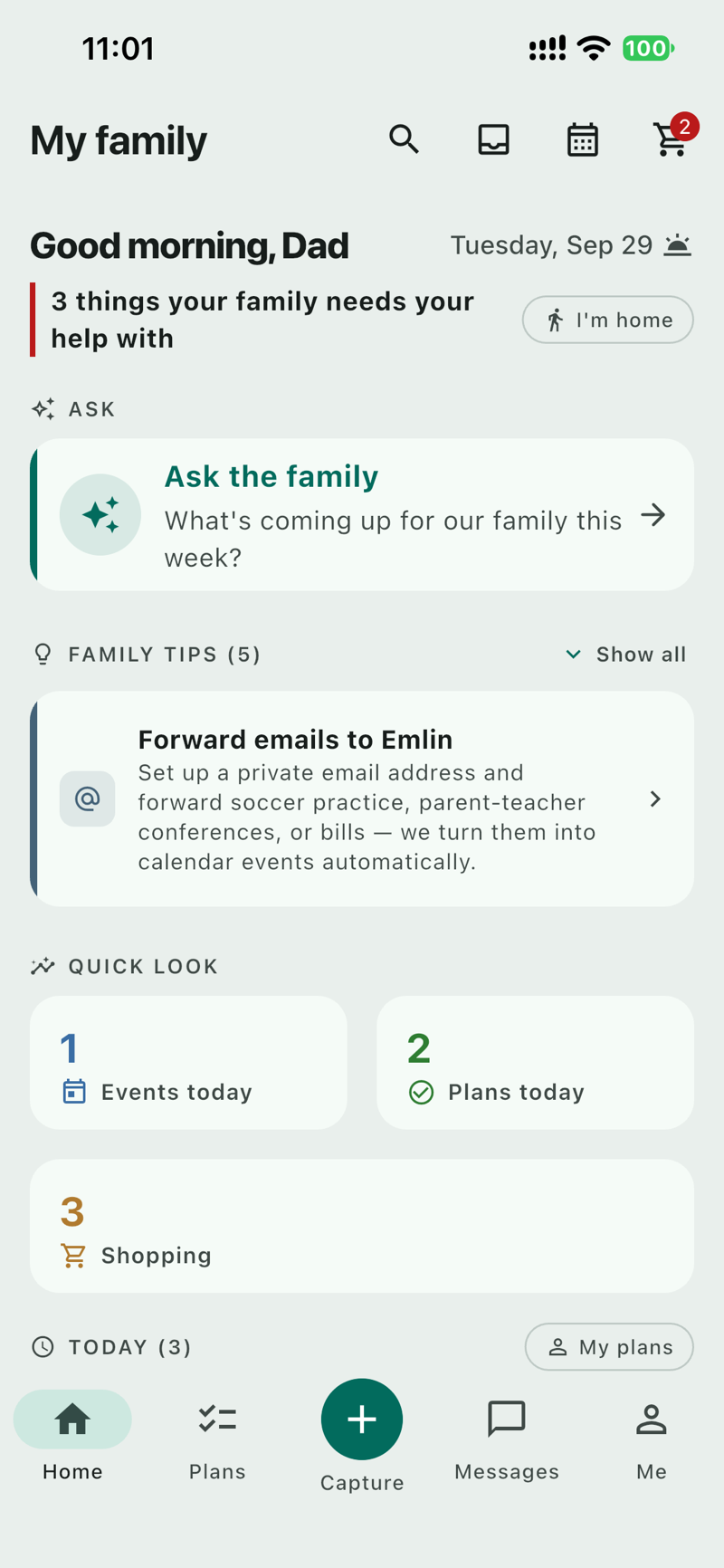 Emlin on iPhone: a good-morning greeting, how many things the family needs help with, an Ask the family card, family tips, and a quick look at today's events, plans and shopping.